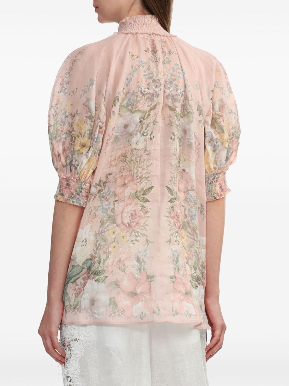 Shop Zimmermann Waverly Floral-print Ramie Blouse In Pink