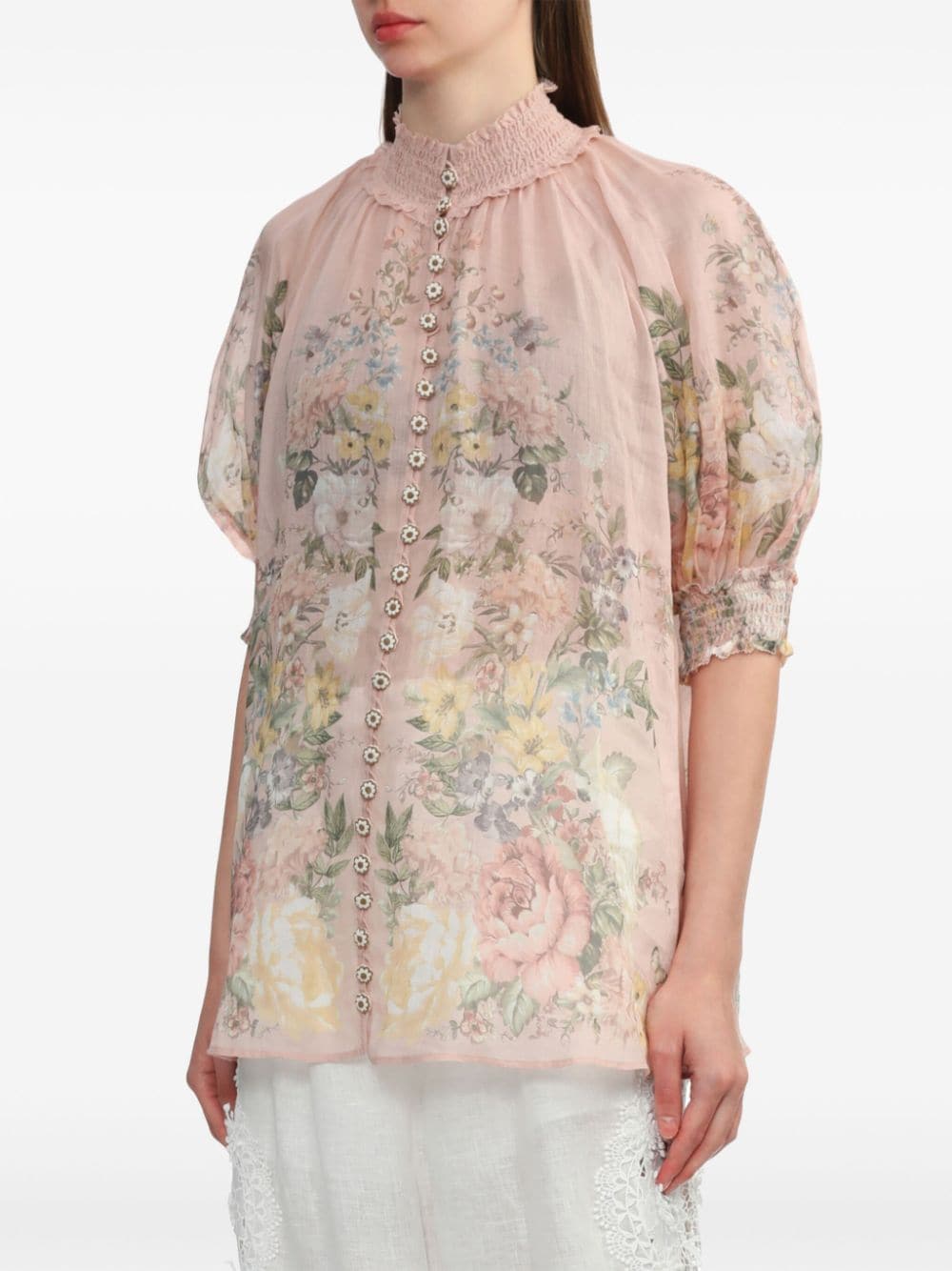 Shop Zimmermann Waverly Floral-print Ramie Blouse In Pink