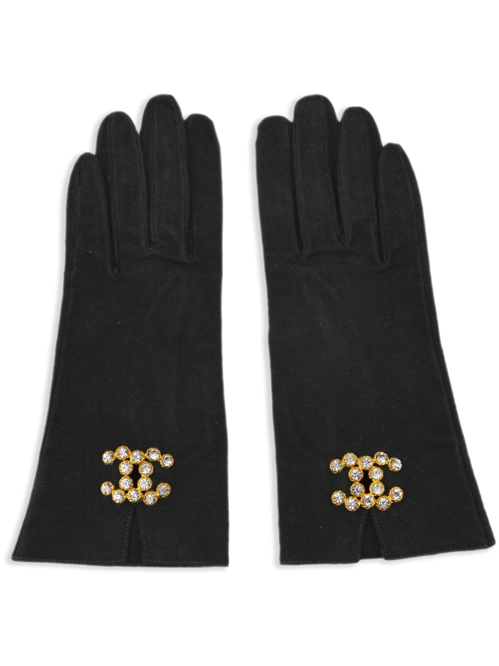 Pre-owned Chanel 1990-2000 Cc Rhinestone-embellished Gloves In Black