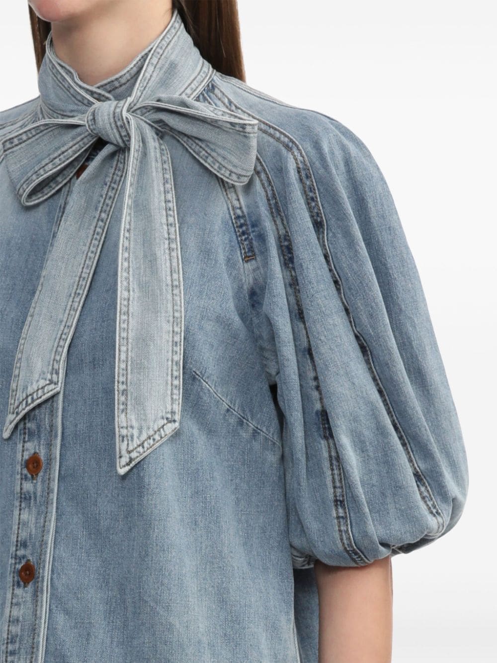 Shop Zimmermann Lantern Puff-sleeve Denim Shirt In Blue