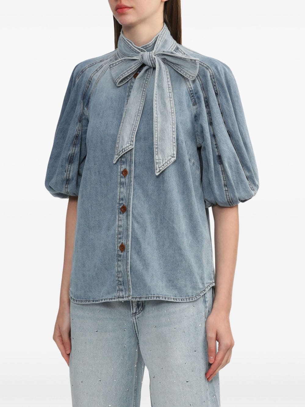 Shop Zimmermann Lantern Puff-sleeve Denim Shirt In Blue