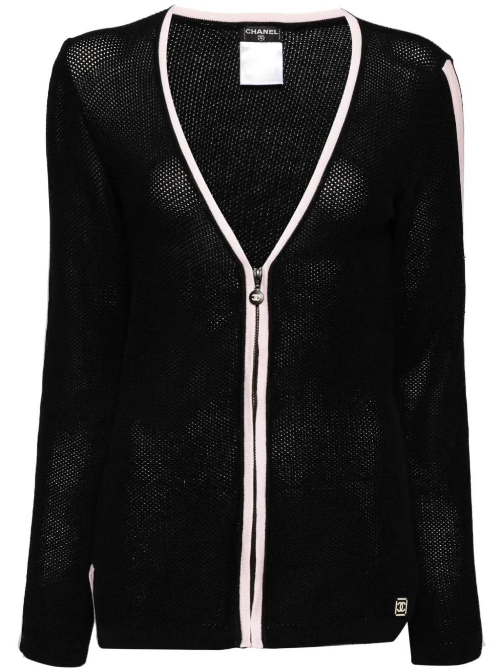 Pre-owned Chanel 2003 Zip-up Open-knit Cardigan In Black