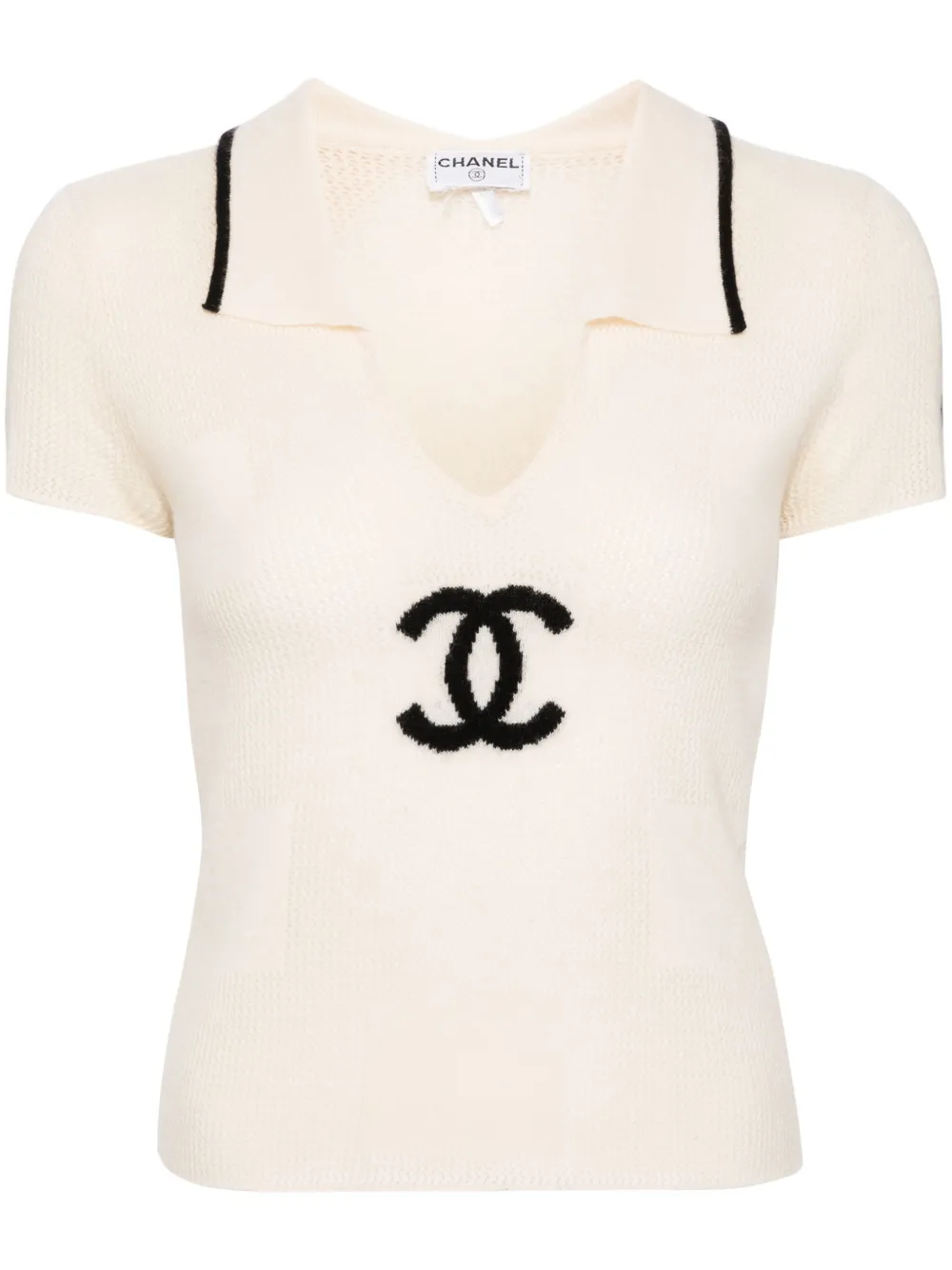 Pre-owned Chanel 2000s Cc-jacquard Cashmere Polo Top In Neutrals