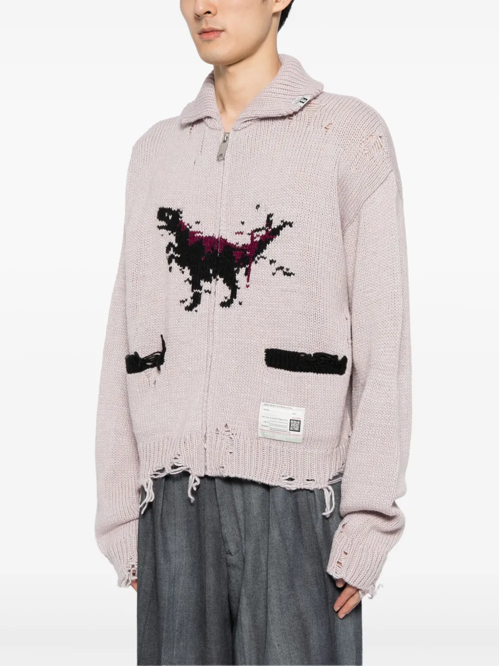 Dinosaur-intarsia distressed cardigan