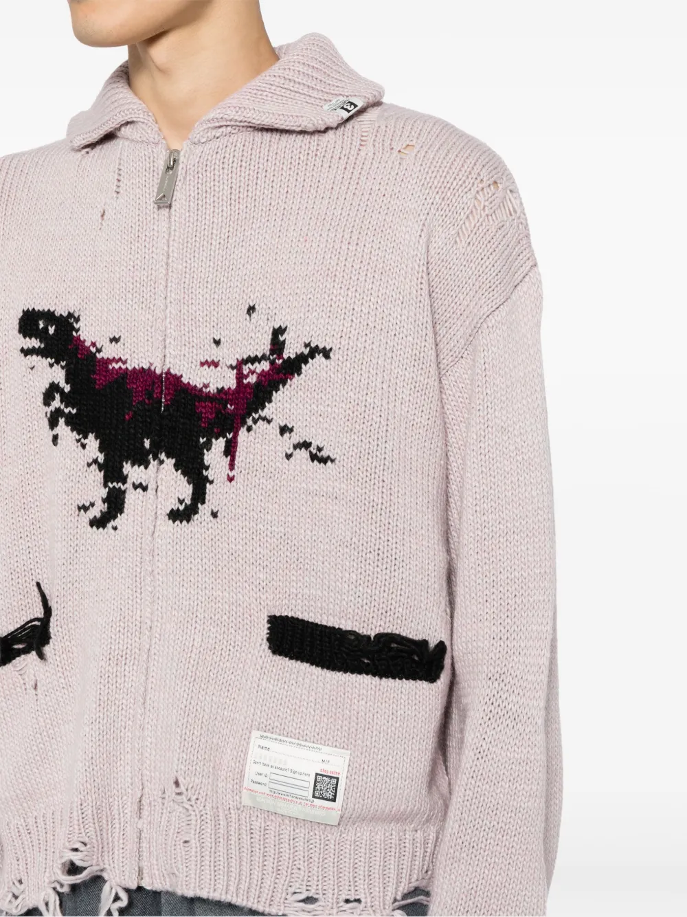 Dinosaur-intarsia distressed cardigan
