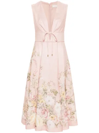 ZIMMERMANN Waverly Plunge Linen Midi Dress | Pink | FARFETCH OM