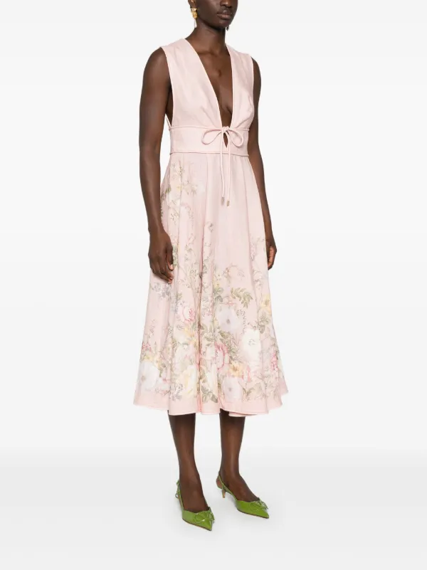 ZIMMERMANN Waverly Plunge Linen Midi Dress | Pink | FARFETCH JO