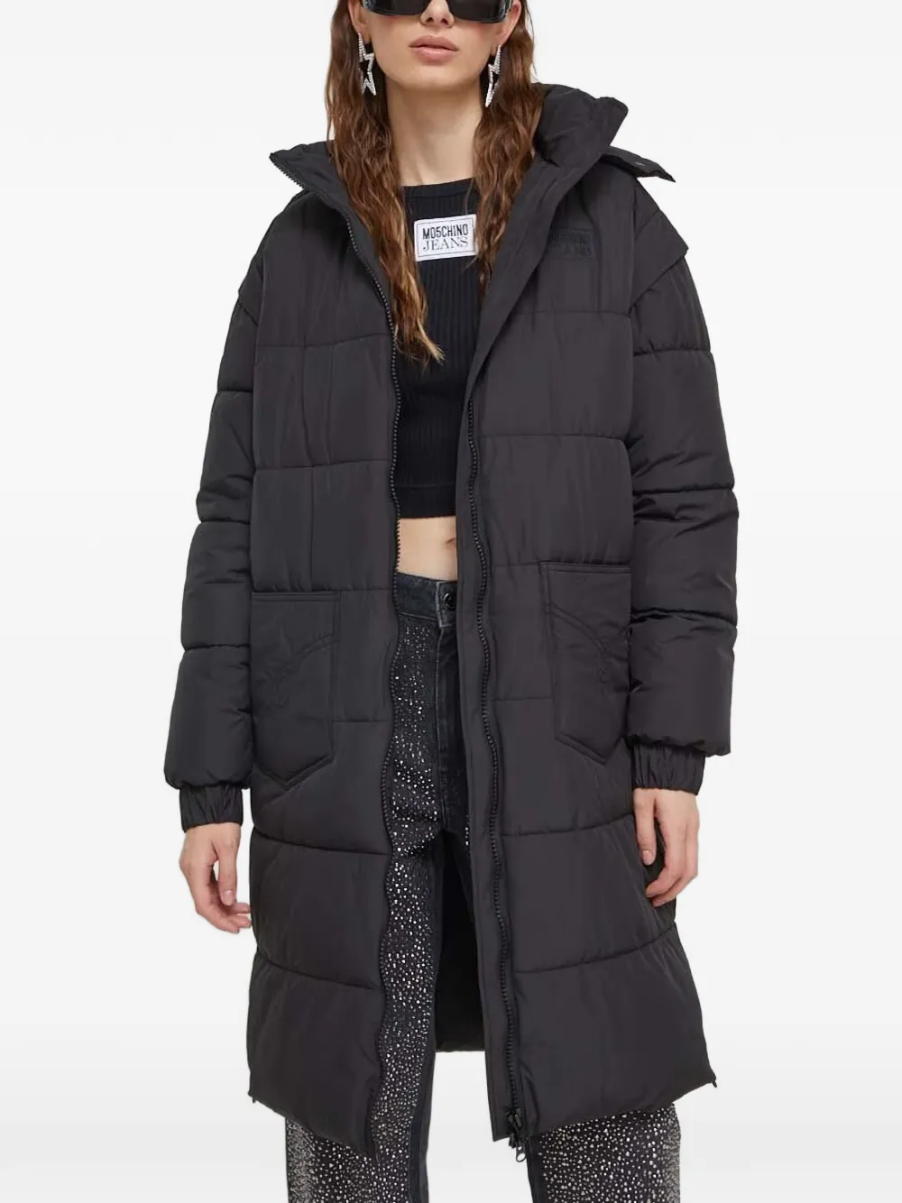 MOSCHINO JEANS quilted logo-patch coat - Black