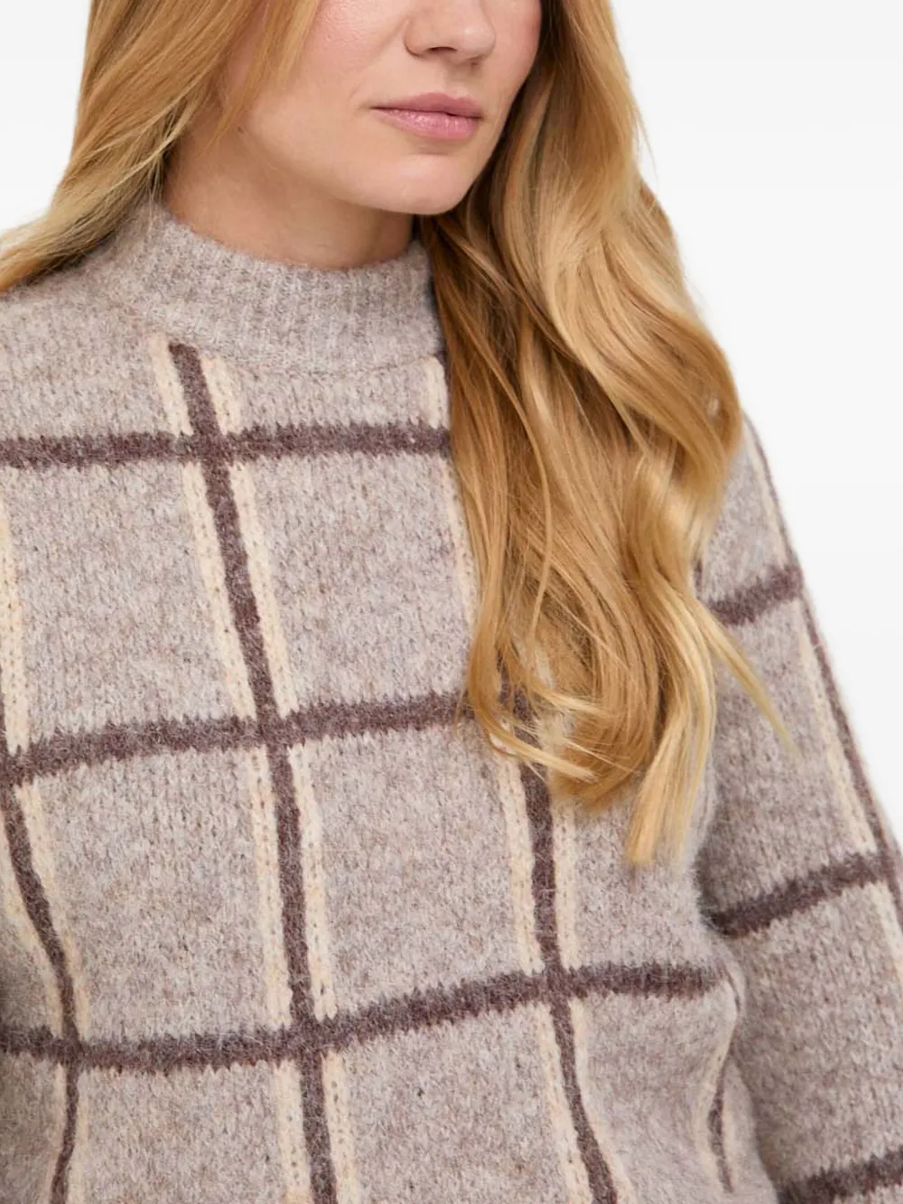 Guess Usa Checked High-neck Jumper In Brown
