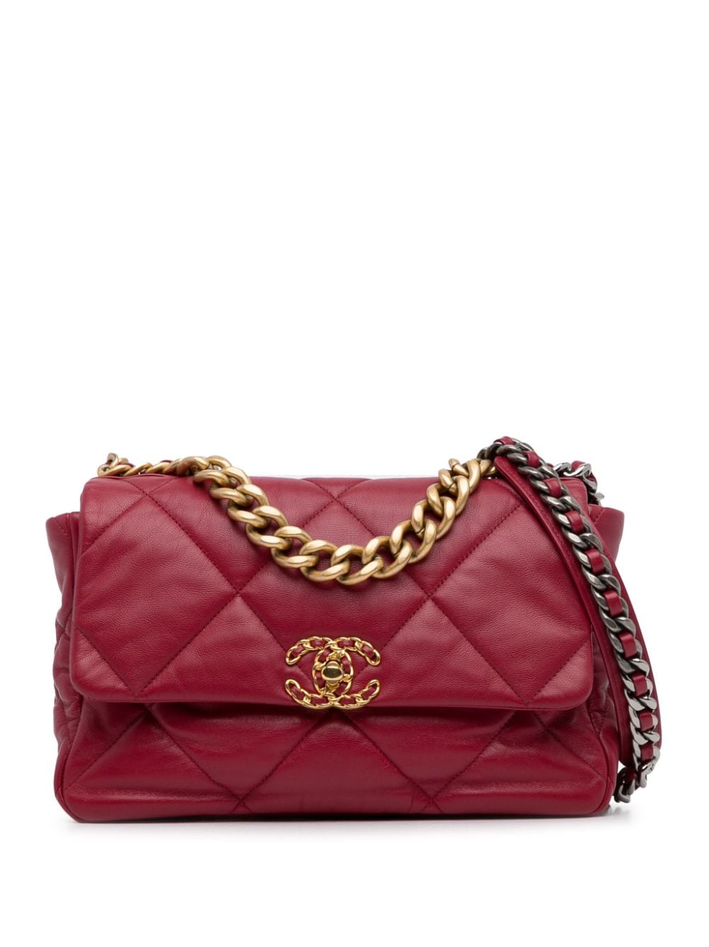 Pre-owned Chanel 2019 Large Lambskin 19 Flap Satchel In Red