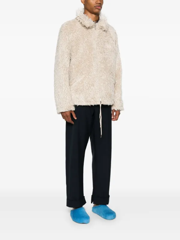 Marni logo-patch faux-shearling Jacket | Neutrals | FARFETCH