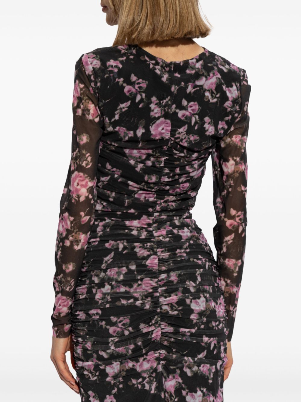 Shop Ganni Floral-print Ruched Blouse In Black