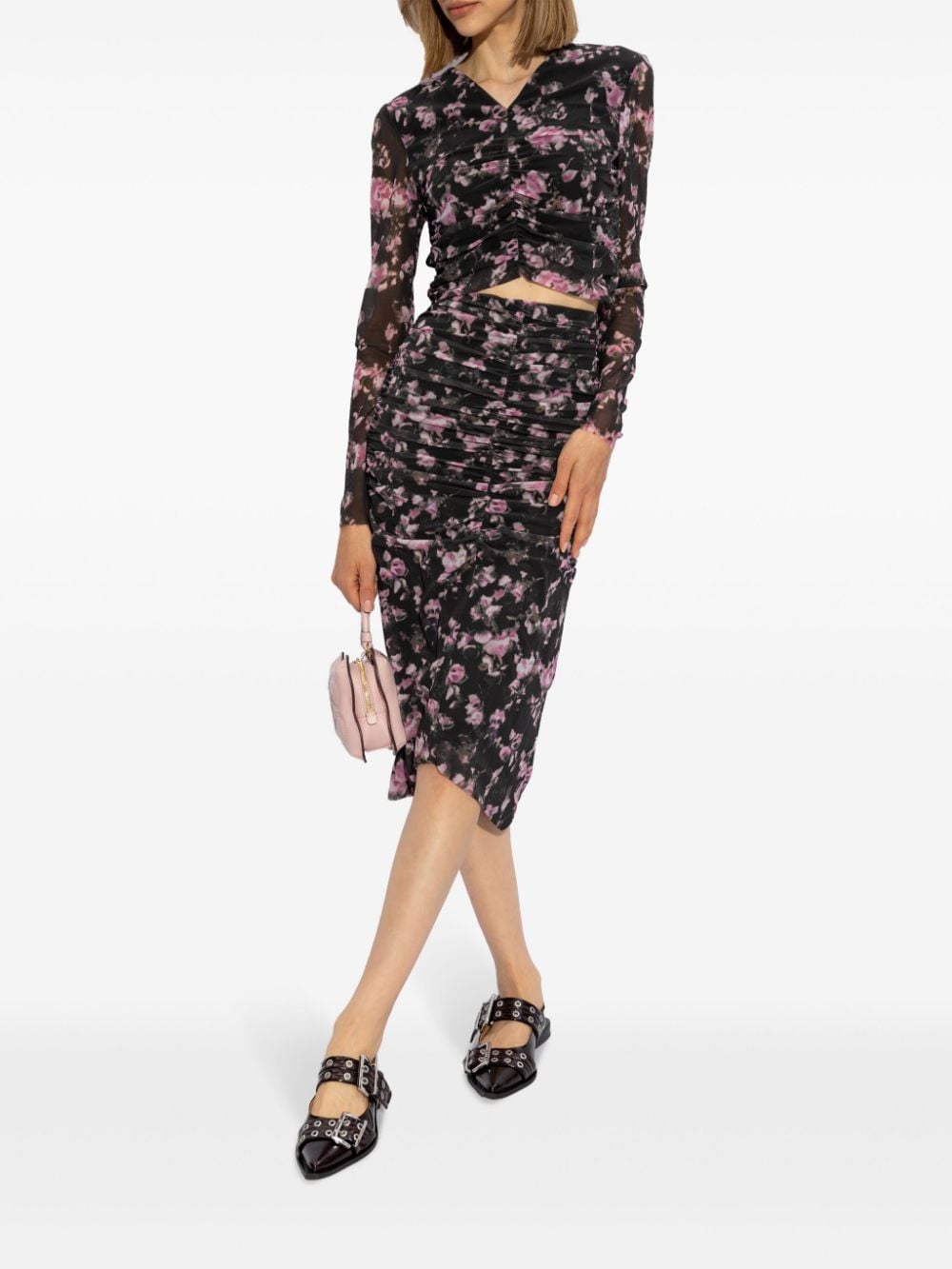 Shop Ganni Floral-print Ruched Blouse In Black