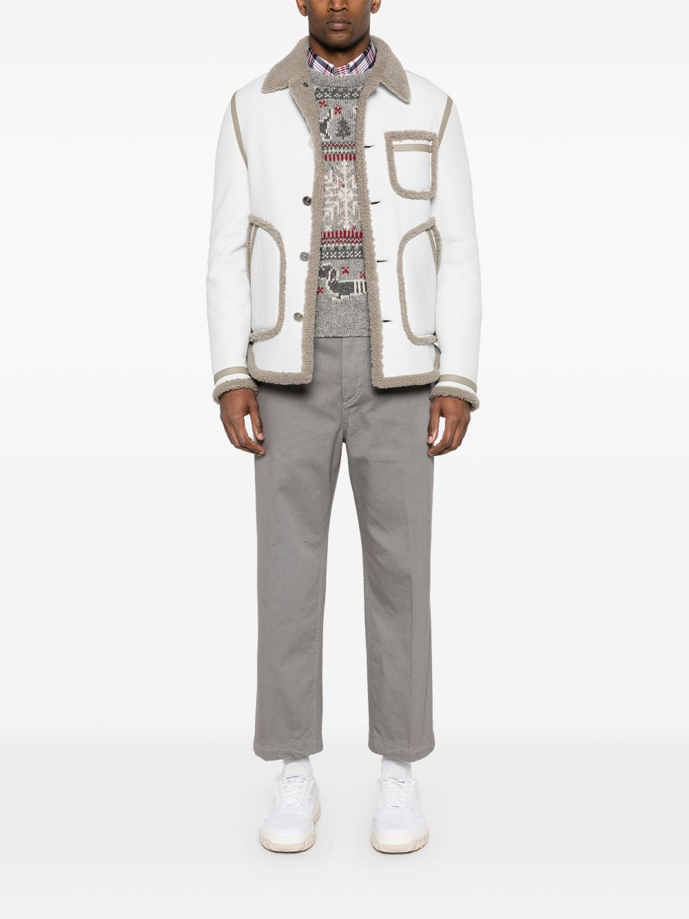 Thom Browne shearling-trim leather jacket - White