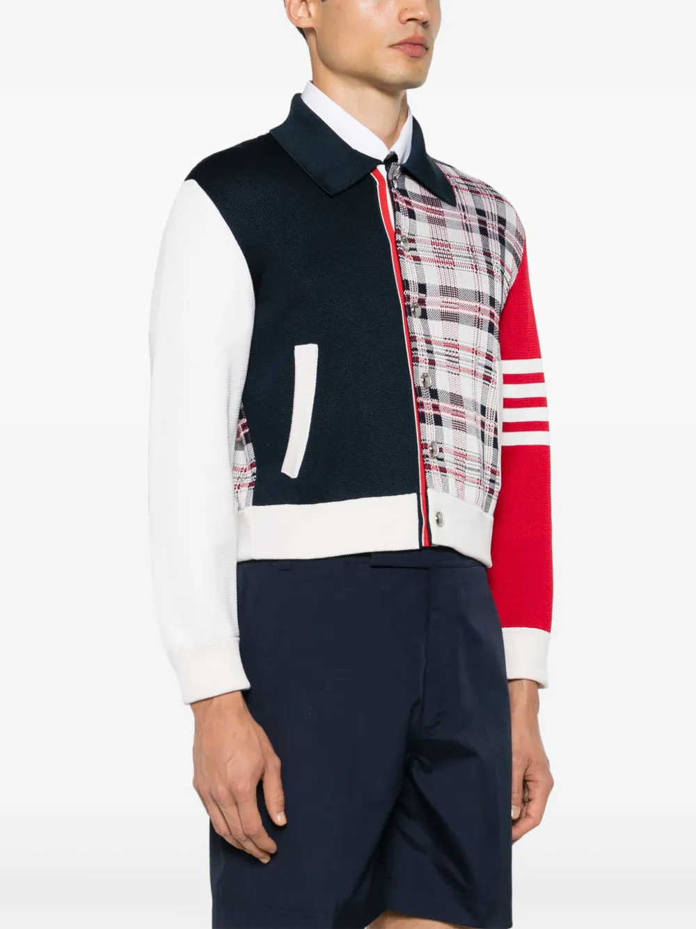 Shop Thom Browne 4-bar Jacquard Bomber Jacket In Blue