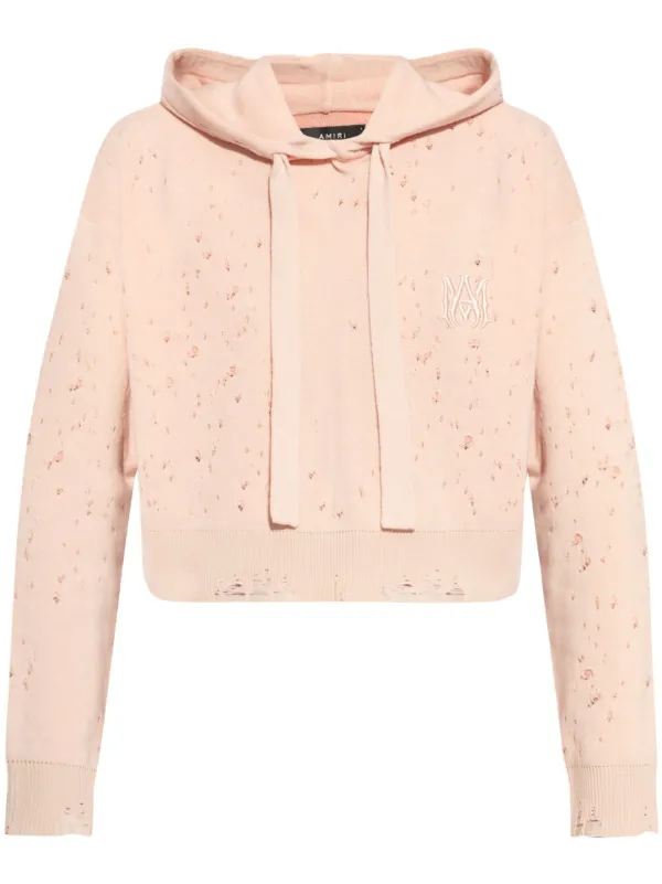 AMIRI Distressed Effect Cropped Drawstring Hoodie Pink FARFETCH UK