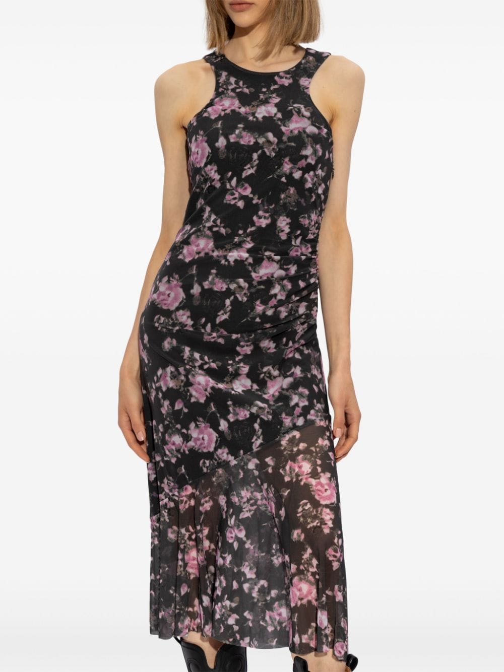 Shop Ganni Floral-print Mesh Midi Dress In Black