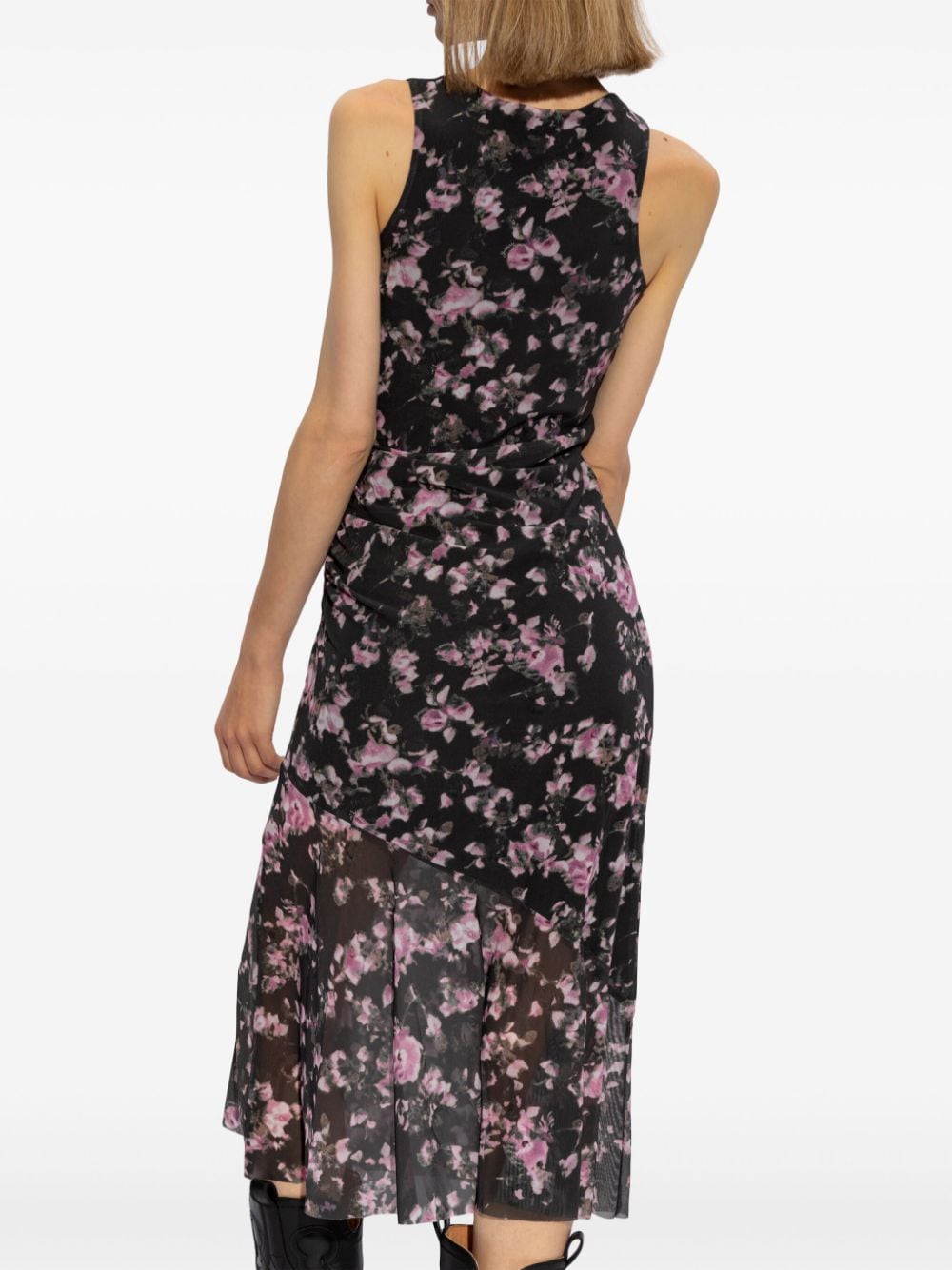 Shop Ganni Floral-print Mesh Midi Dress In Black