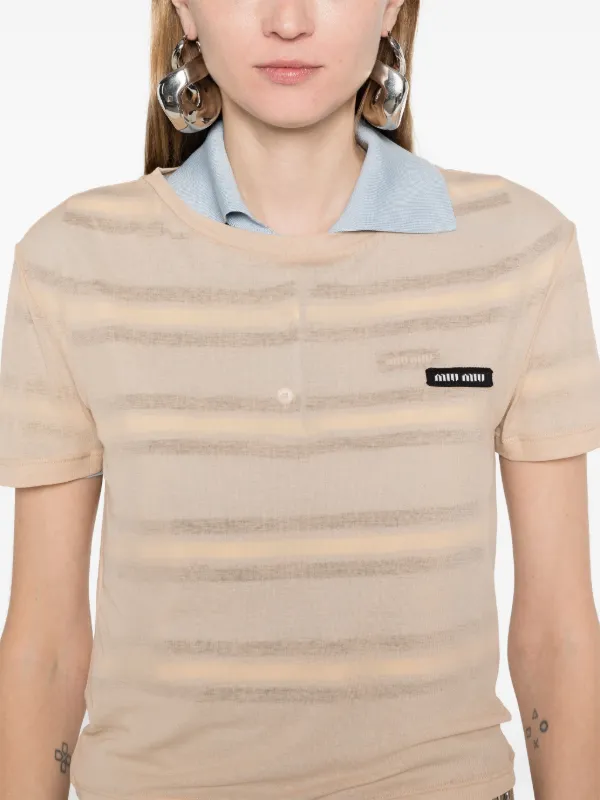 Miu Miu ストライプ クロップドTシャツ Miu Miu クロップド Tシャツ | ニュートラル | FARFETCH JP