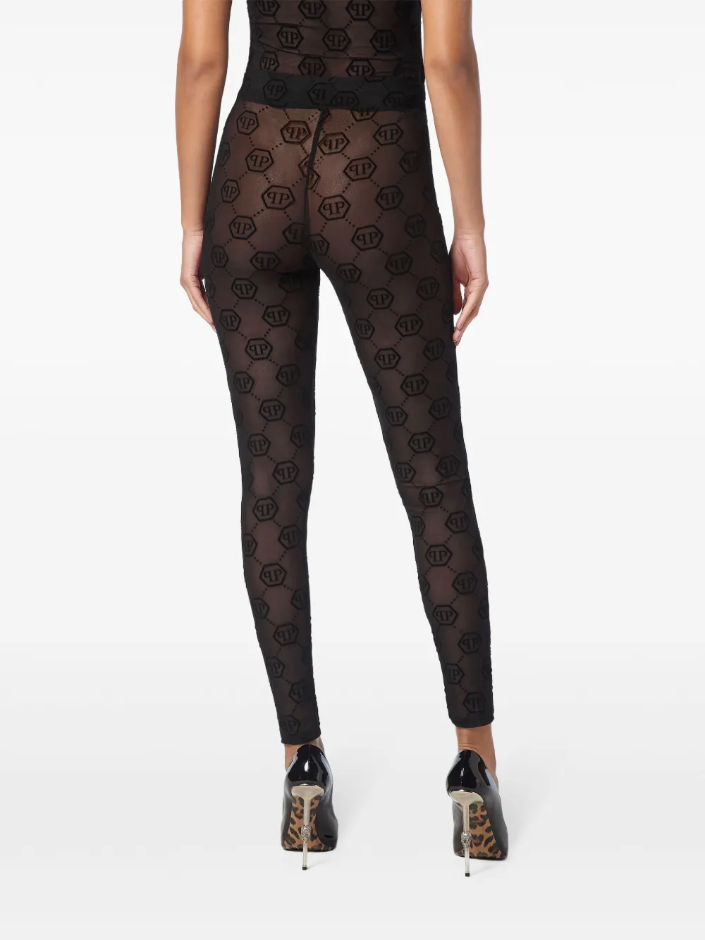 PHILIPP PLEIN MONOGRAM-PATTERN TULLE LEGGINGS 