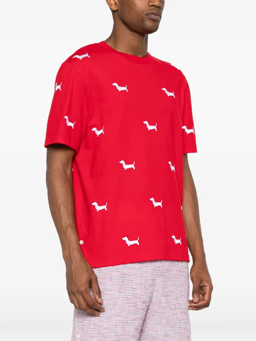 Shop Thom Browne Dog-embroidery T-shirt In Red