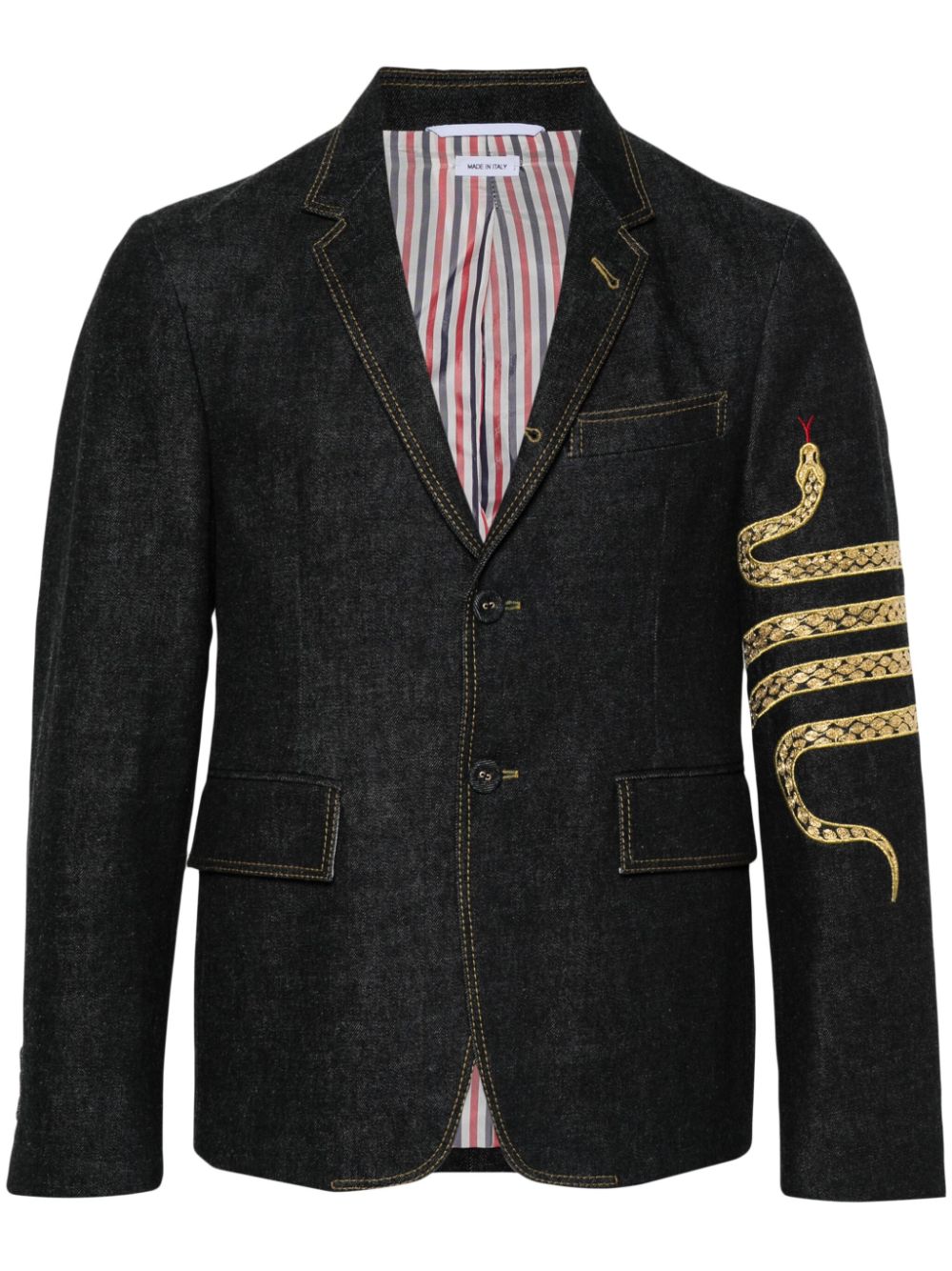 Thom Browne 4-Bar snake-embroidered denim blazer - Blue