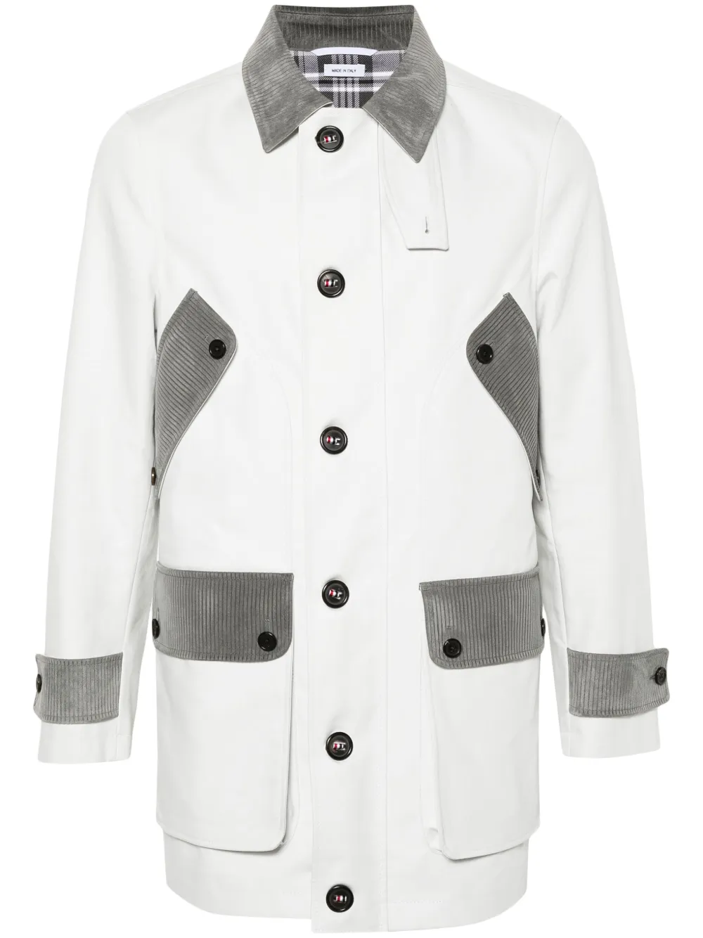 Thom Browne corduroy-trim single-breasted coat | Grey | Image 1
