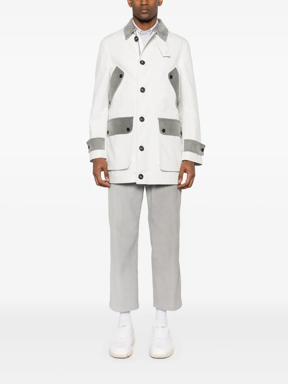 Thom Browne corduroy-trim single-breasted coat | Single Breasted Coats | Image 2
