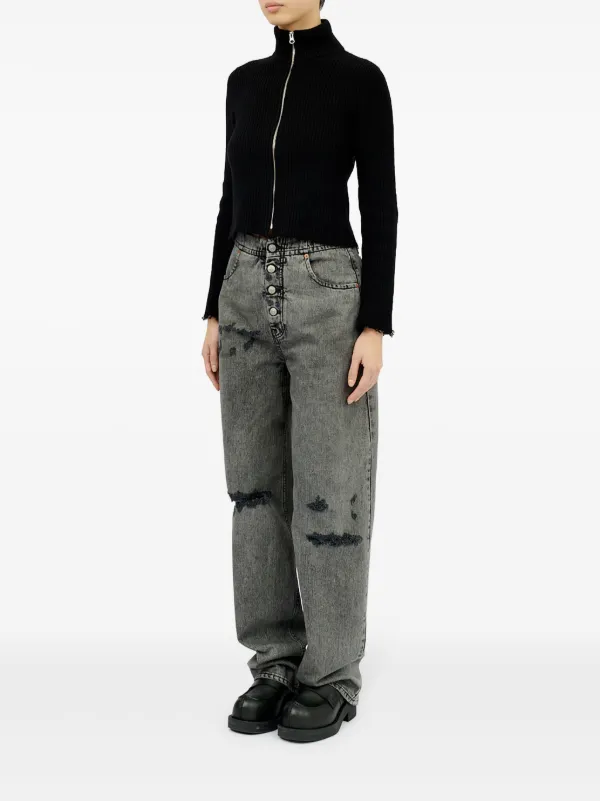 MM6 Maison Margiela Ribbed Cotton zip-up Cardigan | Black | FARFETCH