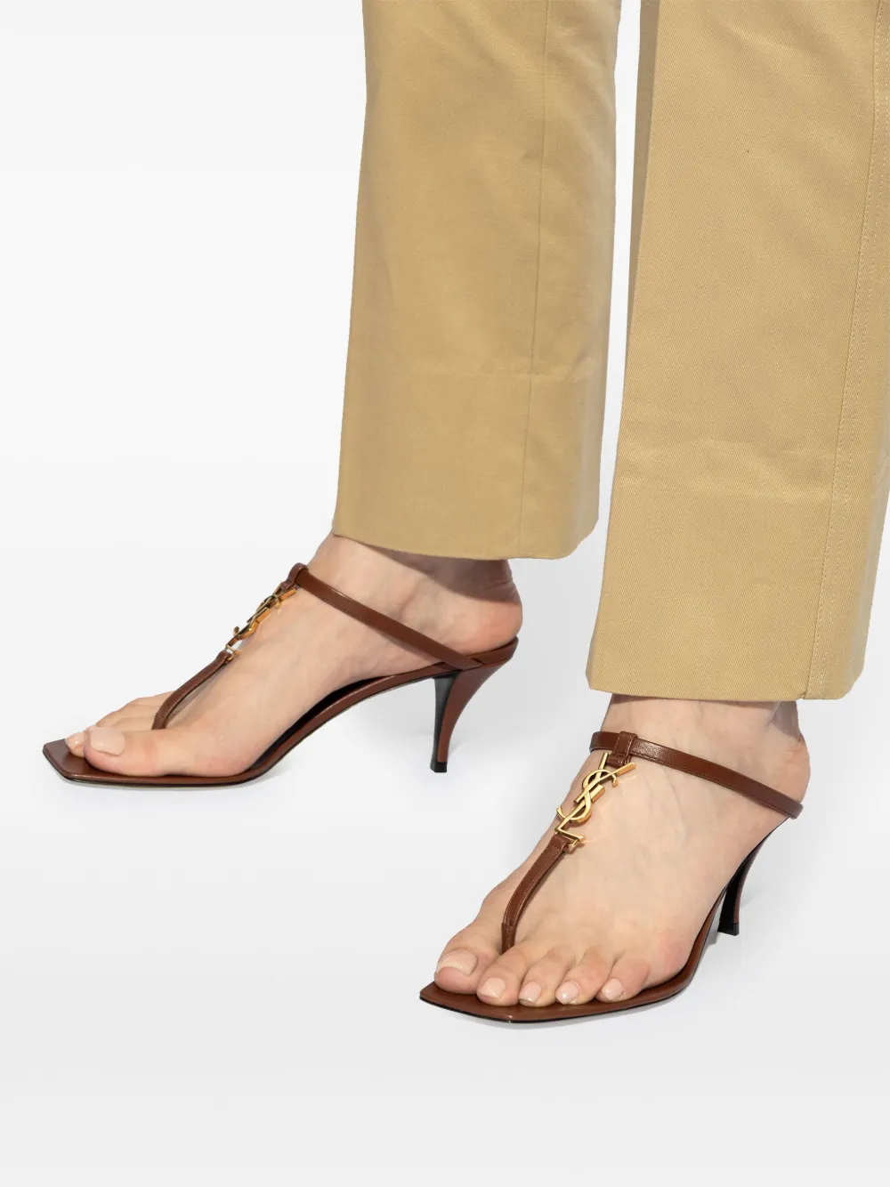 Saint Laurent Cassandra Leather Ysl Thong Mule Sandals In Brown