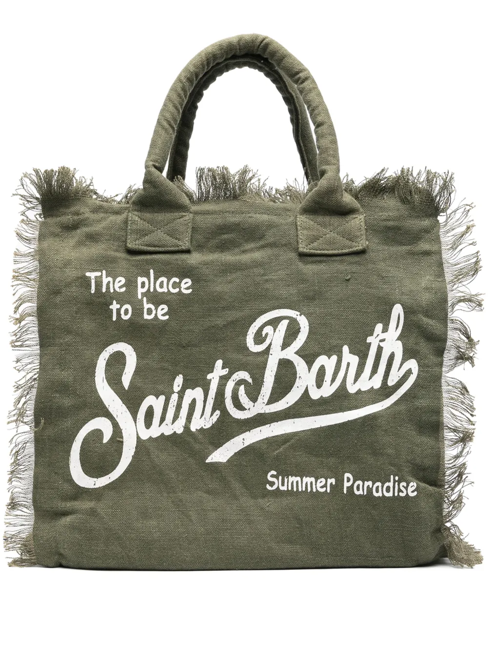 Mc2 Saint Barth Varsity Linen Fringed Beach Bag In Green