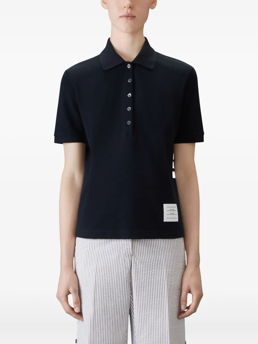 Thom Browne four-bar striped rib-cuffs polo top Zwart