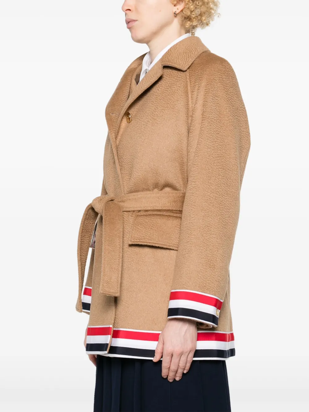Thom Browne Rwb-stripe Belted Coat In Gold