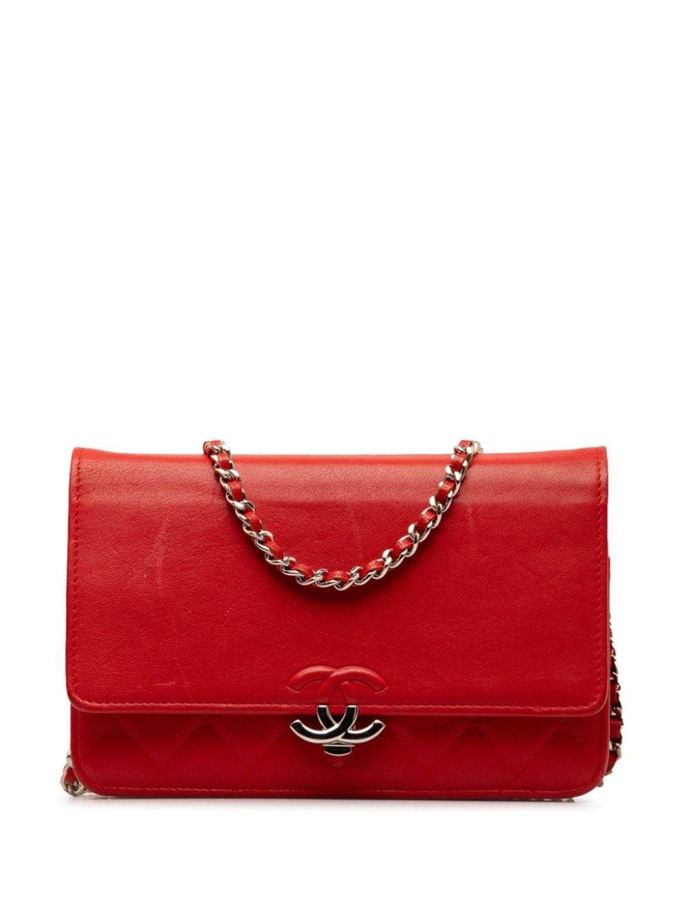 Pre-owned Chanel 2018 Cc Lambskin Wallet On Chain Crossbody Bag In Red