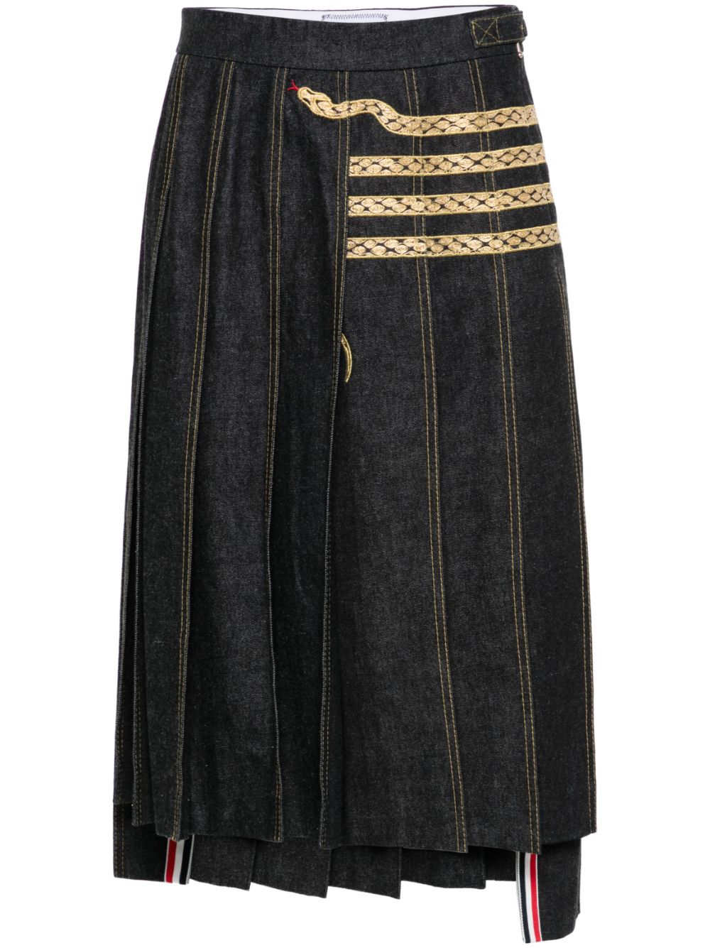 snake-embroidered asymmetric pleated skirt