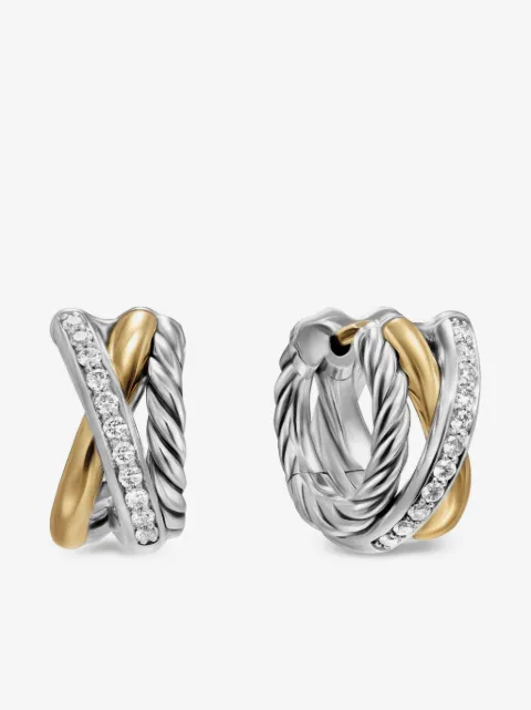 David Yurman أقراط حلقية 'كروس أوفر ثري رو' ذهب أصفر عيار 18 وفضة إسترليني مرصعة بألماس (13 ملم)