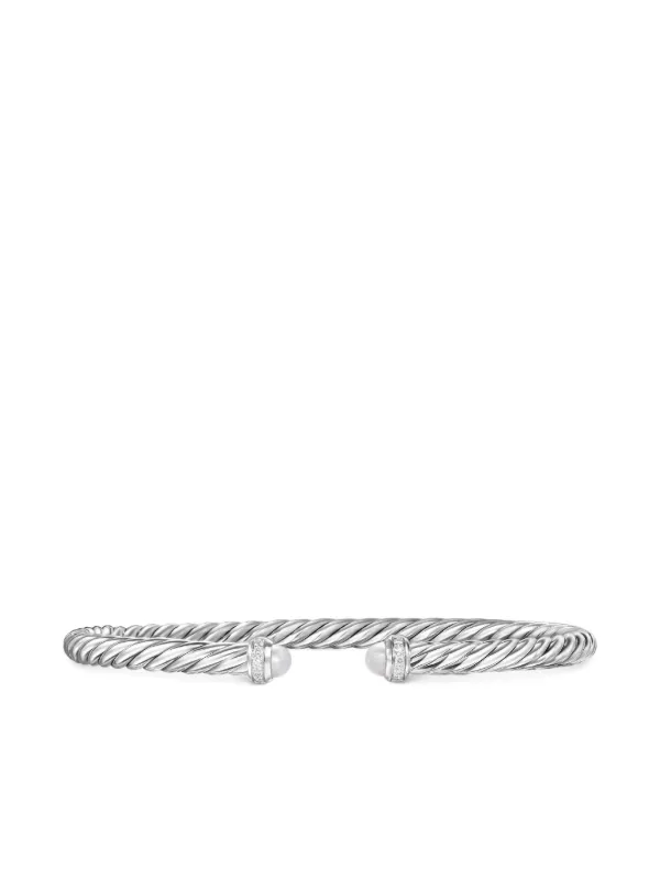 David Yurman Sterling Silver Cablespira Pearl and Diamond Bracelet (4mm)