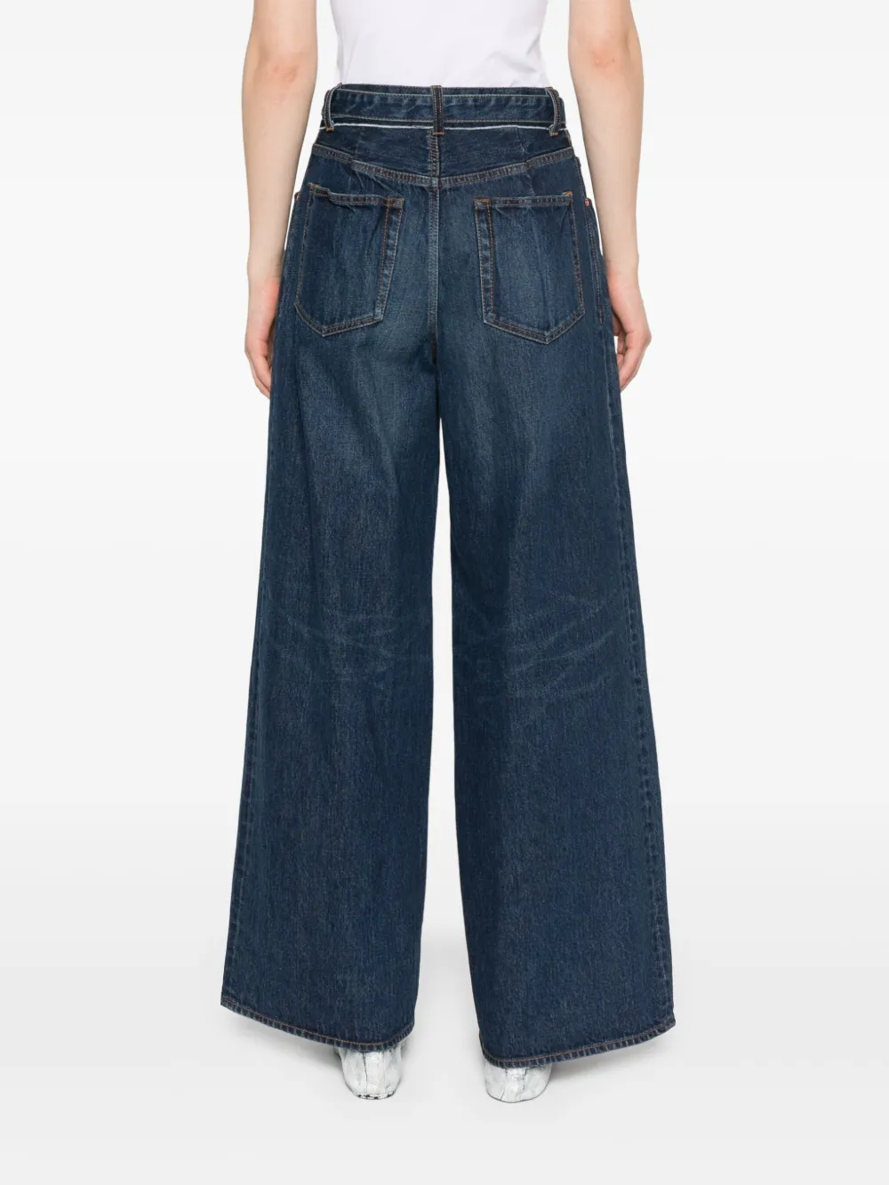Sacai Belted Mid Rise Denim Wide Jeans In Blue