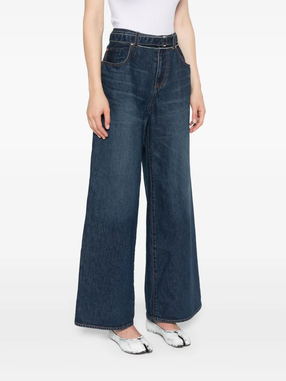 Sacai Belted Mid Rise Denim Wide Jeans In Blue