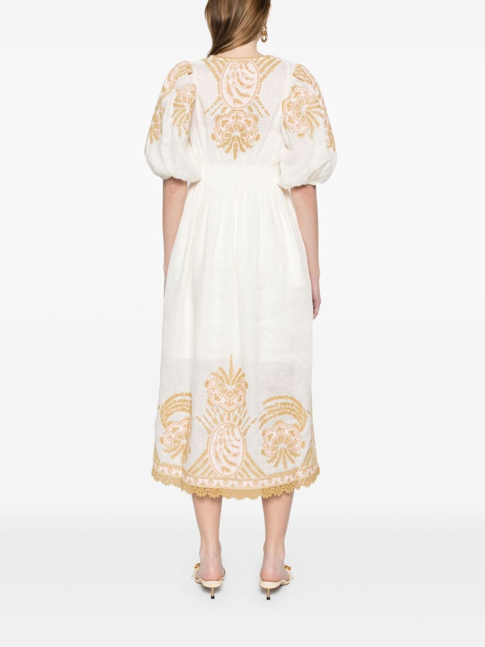 Shop Zimmermann Waverly Embroidered Linen Midi Dress In Neutrals