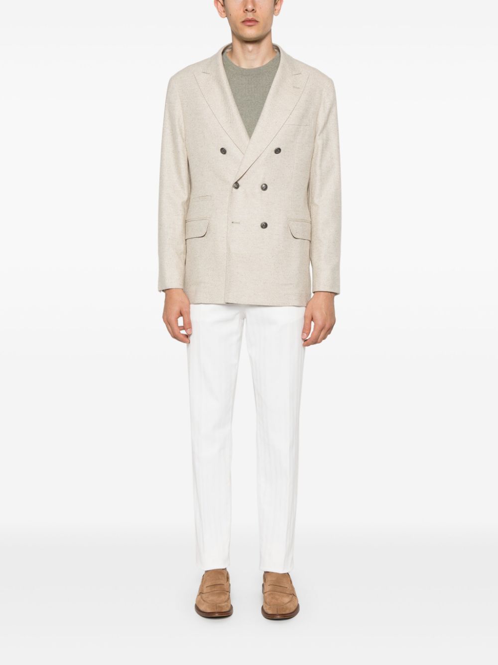 Shop Brunello Cucinelli Double-breasted Wool Blend Blazer In Neutrals