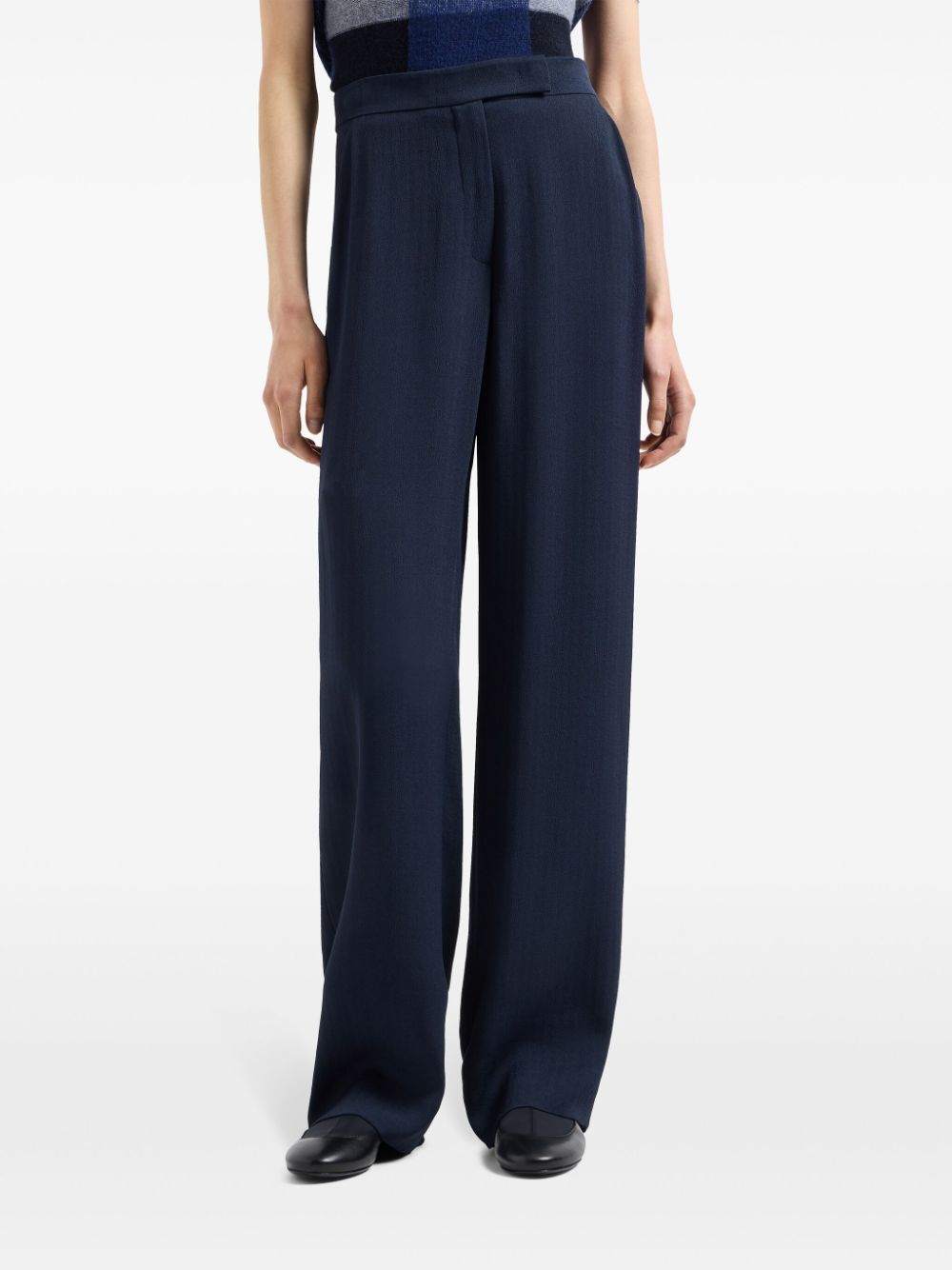 Emporio Armani Fijngeribbelde high waist broek - Blauw