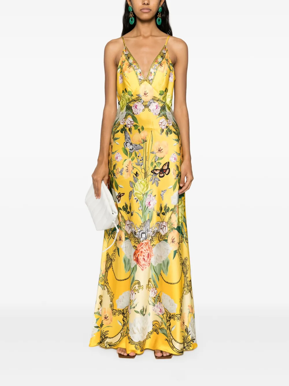 Camilla Zijden maxi-jurk met bloemen - Geel