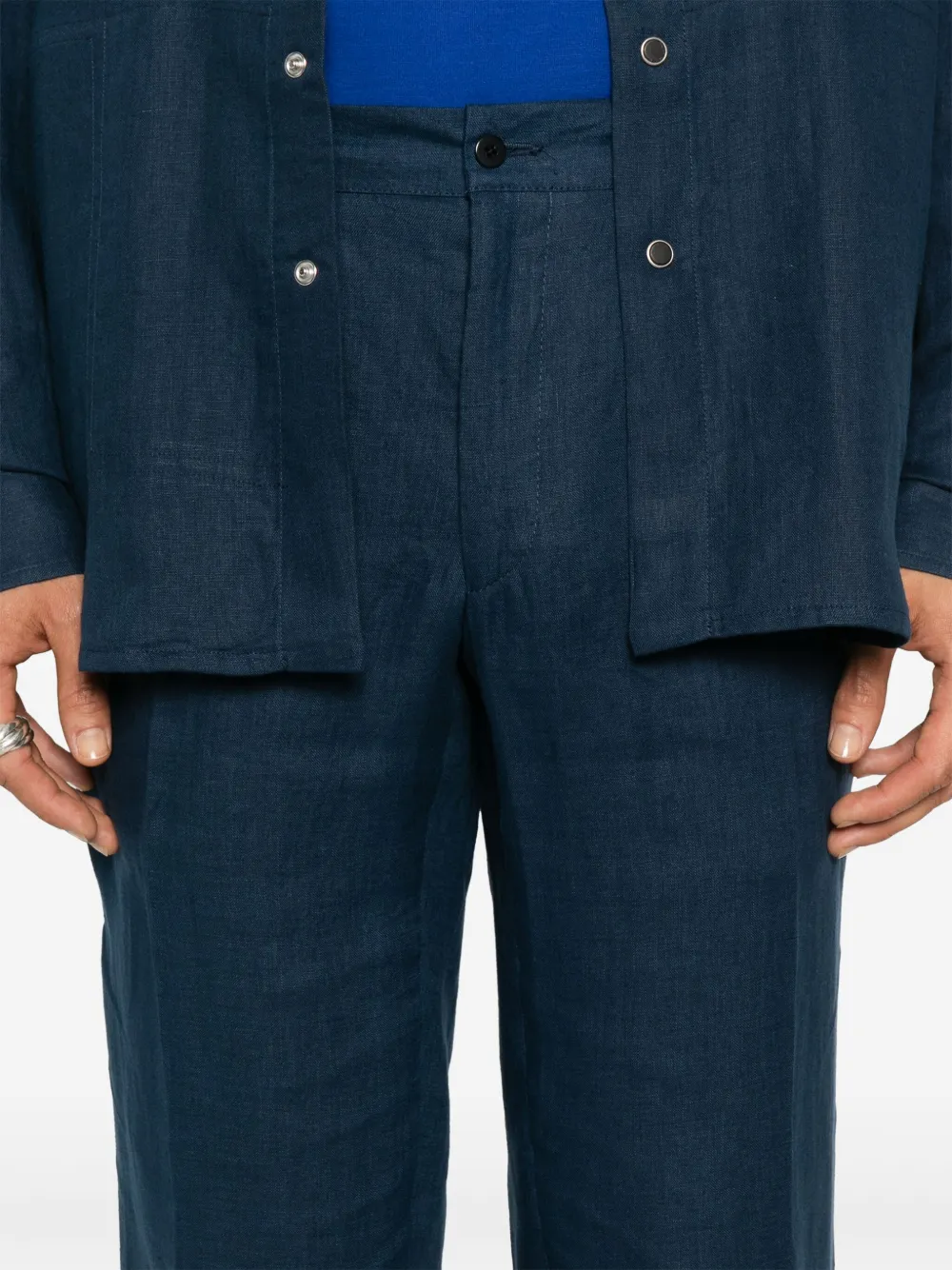Shop Kiton Linen Tapered Trousers In Blue