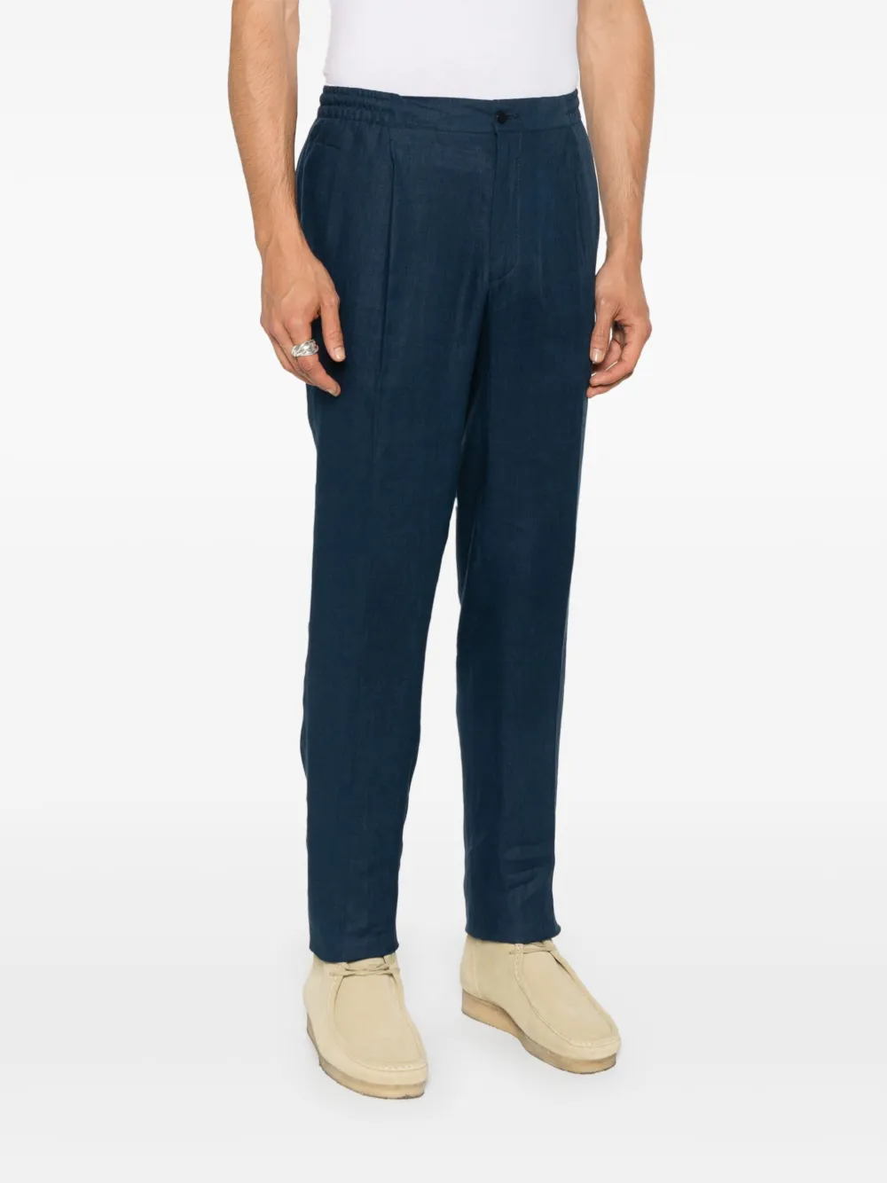 Shop Kiton Linen Tapered Trousers In Blue