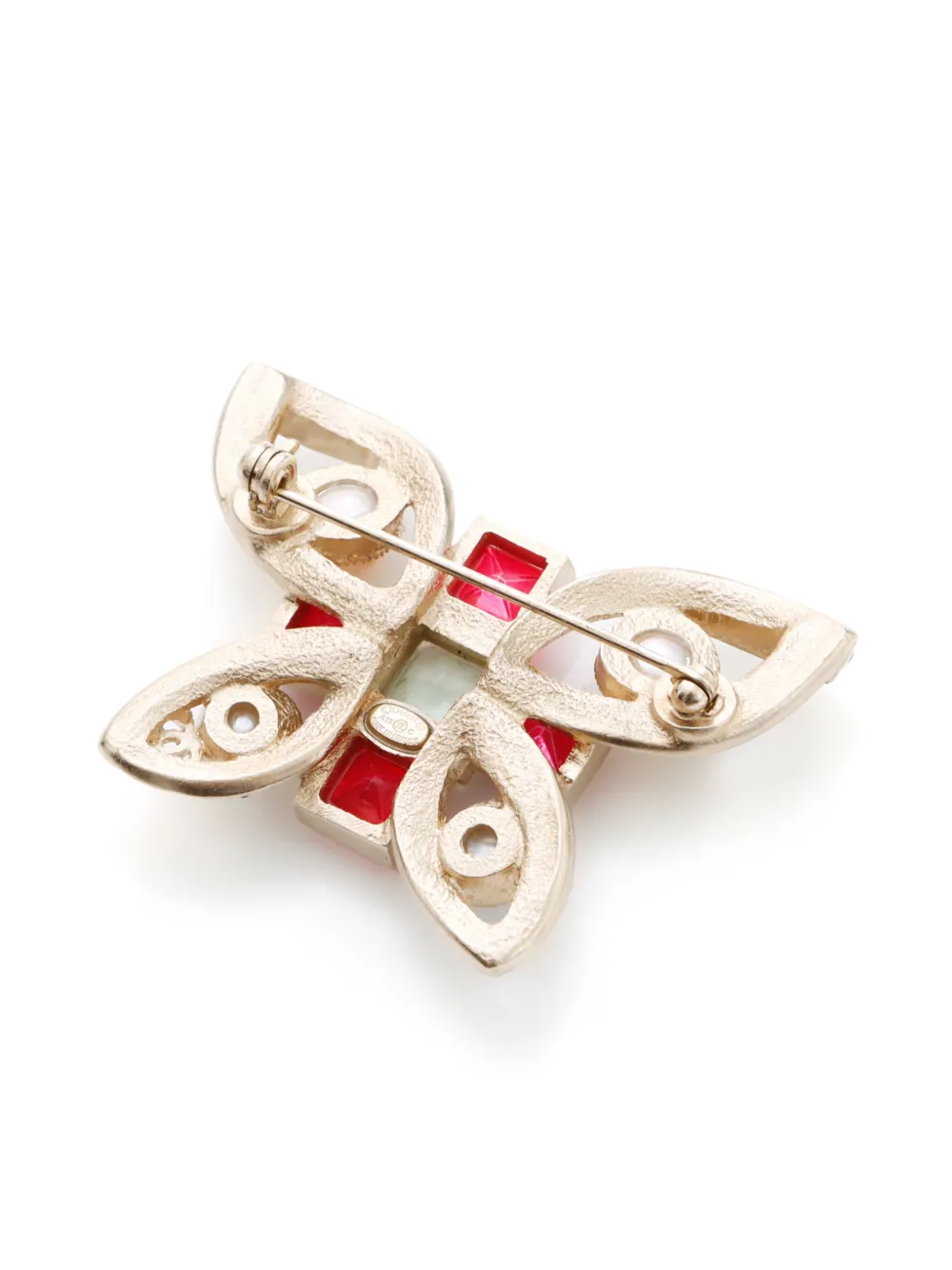 Pre-owned Chanel 2016 Butterfly Faux-pearl Brooch In Red