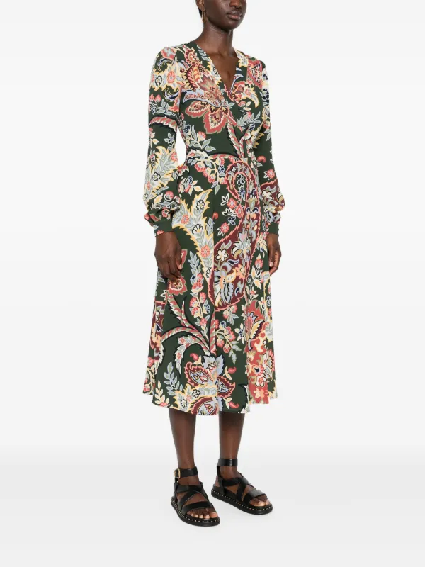 関税送料込Etro Midi Wrap Dress ETRO Floral Crepe Wrap Midi Dress | Green | FARFETCH