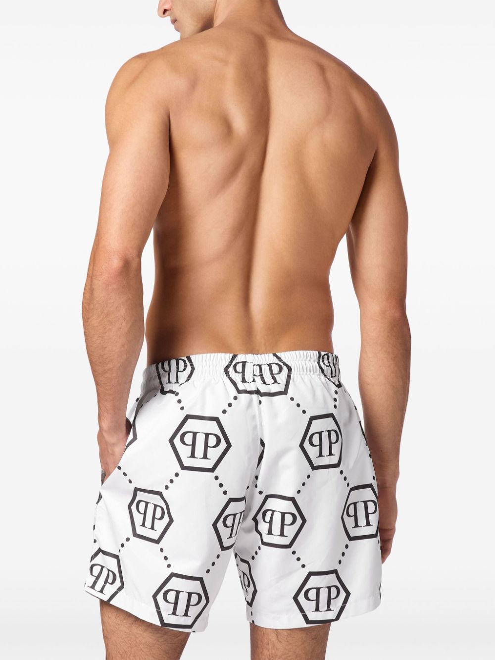 Shop Philipp Plein Monogram Pattern Swim Shorts In White