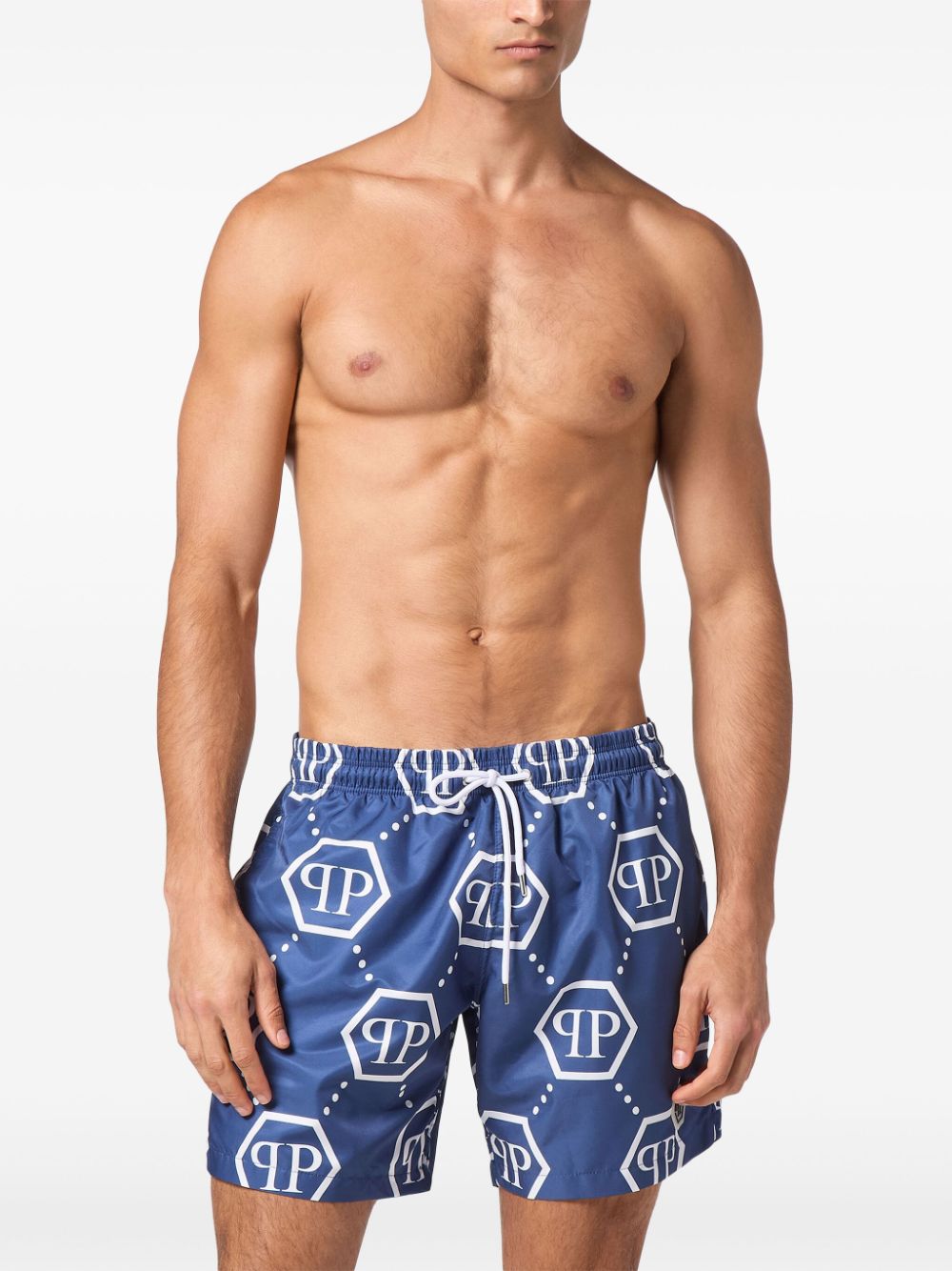 Shop Philipp Plein Monogram Pattern Swim Shorts In Blue