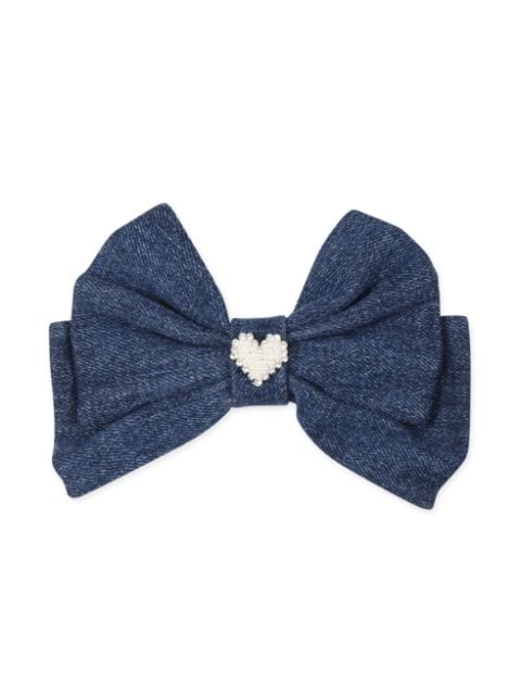 heart-charm denim-bow clip